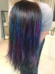 Purple And Blue Balayage Dip Dye On Brunette Hair Dip Dye Hair Brunette Brunette Hair Color Blue Dip Dye Hair