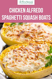 Spaghetti Squash Boats Recipe With Chicken And Creamy Greek Yogurt Alfredo Sauce Healthy Comfor Greek Yogurt Recipes Healthy Squash Recipes Healthy Food Blogs