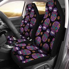 Skull Car Seat Covers Black And Purple Sugar Skull Pattern Print Design Pattern Fit Car Carseat Cover