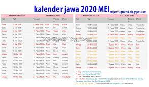 Kalender jawa di bulan mei 2022 masehi bisa menjadi salah satu acuan oleh masyarakat yang masih menggunakan sistem penanggalan ini, untuk kebutuhan membuat agenda mereka yang masih memiliki kepercayaan dan menjaga tradisi jawa. Kalender Jawa Bulan Mei 2020 Trending Topic