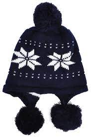 Simplicity Women S Knit Ear Flap Winter Beanies Hat With Pom Pom Dark Blue Cute Snowflake Print Features Trendy Pomp Warm Winter Hats Winter Hats Knit Beanie