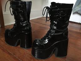 Camel suede boots on the arnlando's platform brown yellow. Demonia Camel 250 Knee High Boots Black Patent Demonia Cult