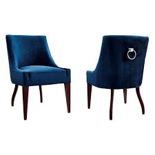 Featuring navy blue velvet upholstery, wooden legs lacquered in black and a curved silhouette worth sinking into, a timeless elegant design crafted to blend easily with any décor. Tov Furniture Tov D35 Dover Blue Velvet Dining Chair W Silver Ring On Back Set Of 2 Blue Velvet Dining Chairs Velvet Dining Chairs Blue Velvet Chairs