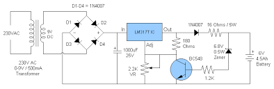 The usual chargers of battery automotive, are simple and cheap appliances that charge continuously the battery, with a rythm of few amperes, for the time where the appliance is on. Soft Wiring 6 Volt Battery Charger Circuit Diagram