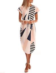 Poptem Womens Casual Midi Dresses Short Sleeve Long Skirt Tunic Split Summer Floral Pattern Belted Dress Geometric L Summer Dresses For Women Summer Dresses Black Party Dresses