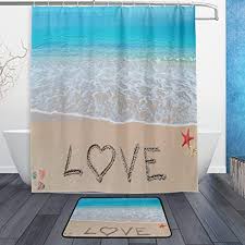 Alaza Set Of 2 Beach Ocean Theme 60 X 72 Inches Shower Curtain And Mat Set Love Sea Waves Waterproof Fabric Bathroom Curta Bathroom Curtains Curtains Rug Sets