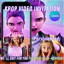 KPOP DEMON HUNTERS invitation, demon hunters video invitation, kpop video  editable invitation, demon hunters canva editable invitation, kpop