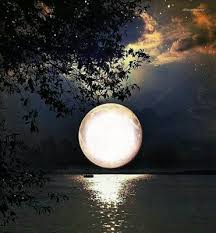 Full moon and sea waves with light. Photo Montage Moon Stars Ocean Night Pixiz
