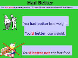 Study the chart below to learn how had better behaves in different contexts. Had Better Liberal Dictionary