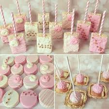 Sweet Treats By Maria On Instagram Love This Pink White And Gold Set Of Treats For Brielle S Baptis Baby Shower Desserts Baby Shower Treats Shower Desserts