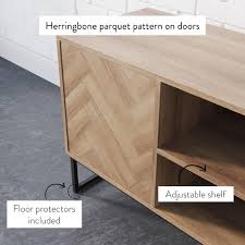 Nathan James Dylan Media Console Cabinet Tv Stand With Hidden Storage Herringbone Pattern Wood Metal Oak Black Nathan James