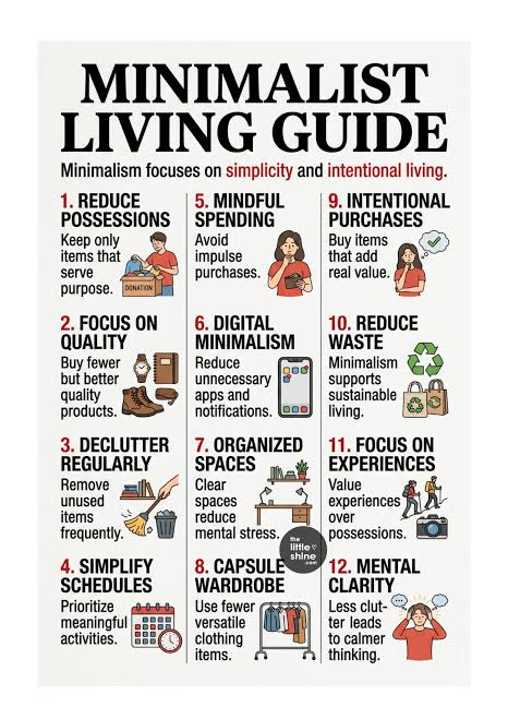 Minimalist Living Guide Minimalism focuses on simplicity and intentional  living. 1. Reduce Possessions Keep only items that serve purpose. 2. Focus  on Quality Buy fewer but better quality products. 3. Declutter Regularly
