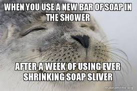 When You Use A New Bar Of Soap In The Shower After A Week Of Using Ever Shrinking Soap Sliver Satisfied Seal Make A Meme