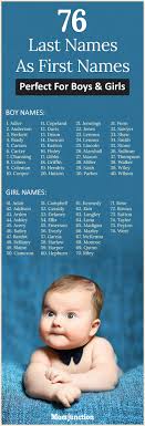 76 Last Names As First Names Perfect For Boys And Girls Baby Name Generator Baby Names New Baby Products