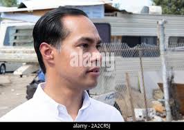 Democratic presidential candidate Julian Castro of San Antonio is  interviewed by journalist Katy Tur of MSNBC at the Texas Tribune Festival  in Austin, Texas Stock Photo