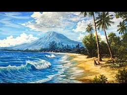 Lets Watch Easy Acrylic Painting A Natural Beach With Mountain View In The Beauty Of Art Youtub Simple Acrylic Paintings Nature Paintings Mountain Paintings