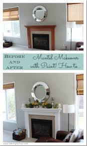 Brown wooden framed fireplace near white and black sofa chair. My Fireplace Mantel Reveal A Makeover With Paint Wood Fireplace Mantel Home Decor Wood Mantle Fireplace