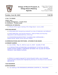 Village of Mount Prospect, IL Village Board Meeting Agenda