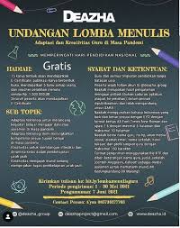 Check spelling or type a new query. Deazha Publishing Mengundang Seluruh Guru Di Indonesia Untuk Mengikuti Lomba Menulis Adaptasi Dan Kreativitas Guru Di Masa Pandemi Portal Kompetisi Dan Beasiswa