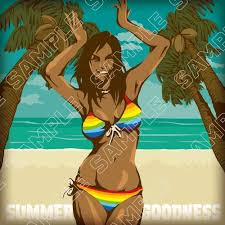 真夏のビーチを楽しむ笑顔で元気なビキニの女性イラスト - Vector pop art illustration of a woman smiling  on the beach. Summer Holiday. - SG SHOP - BOOTH