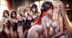 group of women, big boobs, boobs on boobs, looking at viewer, cleavage,  long hair, thighs, hands on hips, AI art, PROTO@AiArt, harem, Pixiv, anime  girls, dress, flower in hair, window, line-up |