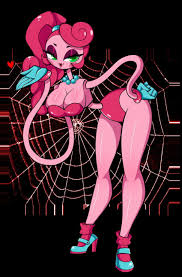 mommy long legs, poppy playtime, blue footwear, artist request, highres,  source request, 1girl, blush, breasts, cleavage, colored skin, gloves, high  heels, lipstick, long arms, long hair, makeup, pink skin, side ponytail,  socks,