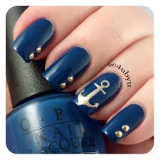 Navy Blue And Gold Nautical Nails With Anchor Nautical Nails Studded Nails Anchor Nail Designs