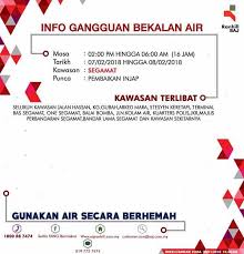 Gangguan bekalan air tidak berjadual yang melibatkan 1,139,008 akaun berpunca daripada pencemaran bekalan air mentah di sungai selangor. Infosegamat Gangguan Bekalan Air Di Komuniti Segamat Facebook