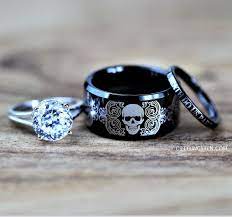 Tungsten Wedding Ring Set Rocker Biker Skull 3 Piece Set Custom Engraved Skullring Wed Mens Wedding Rings Unique Tungsten Wedding Rings Skull Wedding Ring