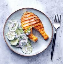 Grilled Salmon Steaks With Cucumber Salad Savory Recipe In 2020 Salmon Steak Cucumber Salad Grilled Salmon