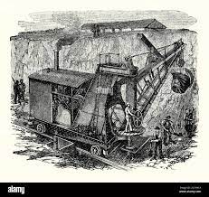 Eine Alte Gravur Von Dampfschaufel Oder Navvy Während Der Viktorianischen  Zeit. Es Stammt Aus Einem Buch Der 1890Er Jahre Über Entdeckungen Und  Erfindungen Im 19. Jahrhundert. Eine Dampfschaufel Ist Eine Große  Dampfbaggermaschine,