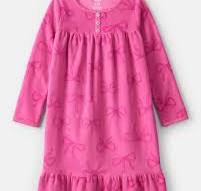 Girls Bow Print Fleece Long-Sleeve Loose Fit Night Gown - Pink
