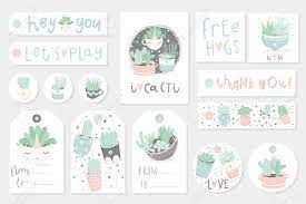 collection of redy to use gift summer tags cards and stickers with succulents vector printable branding collection for flower shop gift store or house planting in pastel colors royalty free cliparts vectors