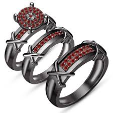 Black And Red Wedding Ring Sets 14k Black Gold Plated His And Hers Trio Wedding Red Garnet Engagement Ring Set Silver Engagement Rings Engagement Rings Engagement Ring Settings