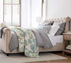 Part of box spring shows if the comforter is moved, so i just put a plain white fitted sheet over it to make it look finished. Chesterfield Tufted Upholstered Bed With Footboard In 2021 Tufted Upholstered Bed Bed Linens Luxury Bed Linen Design