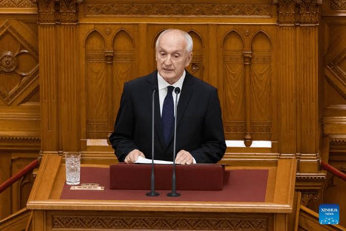 Andras Baka speaking at a parliamentary session following his election as President of Hungary.