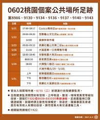目前已匡列 330 人，有重疊足跡者要自主健康管理。 桃園的實際確診 9 例中，分別是母親（案 1878）帶著就讀南崁國中的哥哥（案1880）、南美國小妹妹（案 1879），到台北市萬華區訪友確診；以及有萬華活動史的案 2014、2015 夫妻檔。 æ¡å'ç¢ºè¨ºåæ¡è¶³è·¡ 0603 0602 0601 0531å®æ¹å¬ä½è³è¨