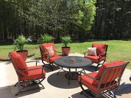 Hampton Bay Redwood Valley 5 Piece Metal Patio Fire Pit Seating Set With Quarry Red Cushions Fss60428rst The Home Depot Fire Pit Seating Patio Seating Sets Patio Fire Pit