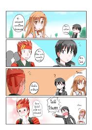 catstudioinc (punepuni), asuna (sao), kirito, klein (sao), sword art  online, french braid, highres, translation request, 10s, 1girl, 2boys,  4koma, ?, ^^^, armor, biting, black eyes, black hair, blood, blood stain,  blush, braid,