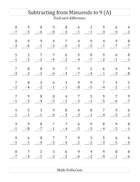 The 100 Subtraction Questions With Minuends Up To 9 A Math Worksheet From The Subtraction Worksh Subtraction Facts Worksheet Math Fact Worksheets Math Drills