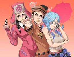 Download Gappy and Yasuho of JoJolion in stylish outfits amidst a purple  and blue background Wallpaper | Wallpapers.com