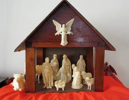 This nativity set boasts nine resin figurines including jesus, mary, three wise men, and a shepherd with stable sheep. Antique Nativity Collectors Weekly