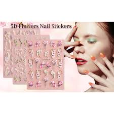 3pcs 5d embossed floral nail art stickers pink