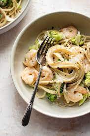 Vegetables like asparagus, chopped into small pieces and broccoli florets are also great additions. This Simple Shrimp And Broccoli Pasta Has A Tasty Cream Cheese Alfredo Sauce Broccoli Pasta Recipe Broccoli Pasta Easy Pasta Recipes