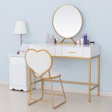 Mercer41 Barboza Table Vanity Set With Stool And Mirror Base Top Color Gold White In 2020 Vanity Table Set Dressing Table Vanity Simple Dressing Table