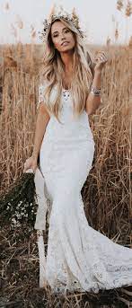 Mermaid Off The Shoulder Short Sleeves Lace Beach Boho Wedding Dress Boho Wedding Dress Lace Lace Mermaid Wedding Dress Wedding Dresses