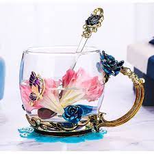 Enamel Glass Rose Flower Tea Cup Set Spoon Coffee Cup Beer Mug Kit Wedding Gift Tea Cups Tea Cup Set Rose Tea Cup