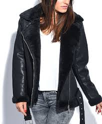 Black Belted Hem Faux Fur Lined Faux Leather Jacket Deportes Belleza