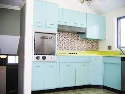Stunning Blue Metal Kitchen Cabinets And Yellow Countertop Idea Feat Unique Backsplash Tile De Metal Kitchen Cabinets Teal Kitchen Walls Steel Kitchen Cabinets