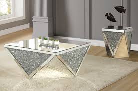 Modern unique metal mirror handmade designer coffee table reflection. Noralie 3 Piece Occasional Table Set In Mirrored Faux Diamonds Finish By Acme 82770 S
